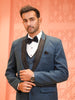 Slate Blue Solid Design Contrast Black Pinstriped Shawl Lapel Polynosic Men's Wedding Suit with Matching Pant