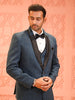 Slate Blue Solid Design Contrast Black Pinstriped Shawl Lapel Polynosic Men's Wedding Suit with Matching Pant