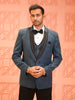 Slate Blue Solid Design Contrast Black Pinstriped Shawl Lapel Polynosic Men's Wedding Suit with Matching Pant