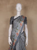Slate Grey Floral Printed Design Tussar Saree with Designer Border