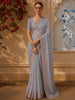 Slate Grey Floral Thread Embroidered Design Pure Tussar Saree with Floral Border
