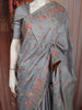 Slate Grey Floral Thread Embroidered Design Pure Tussar Saree with Floral Border