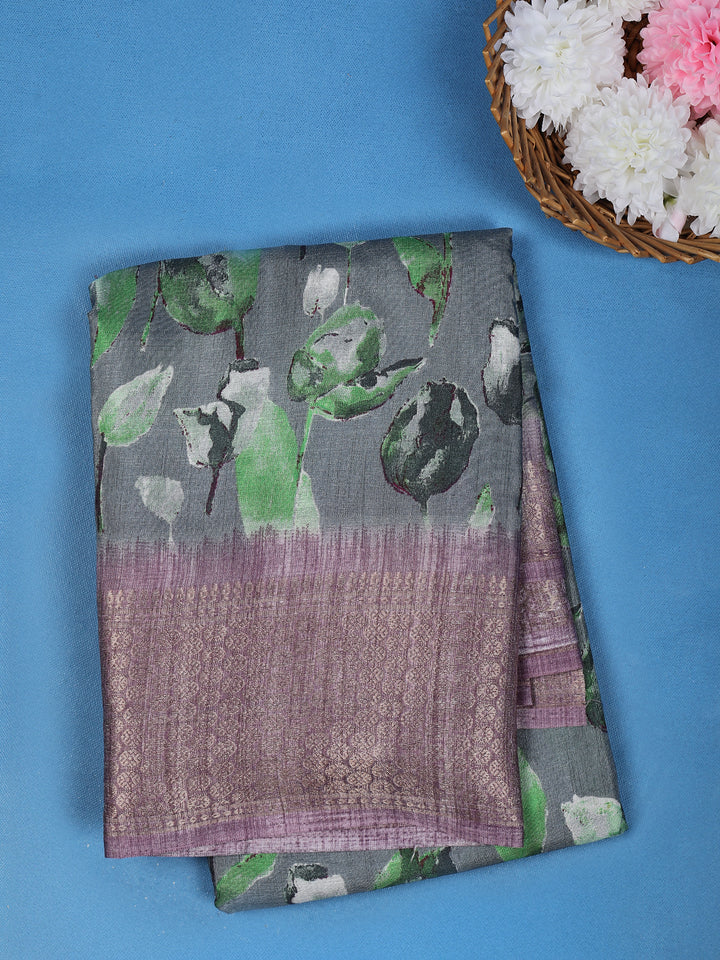 Slate Grey Leaf Printed Raw Silk Saree - Diadem
