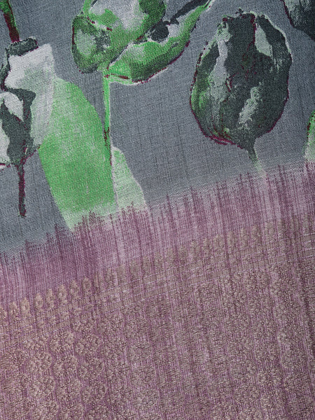 Slate Grey Leaf Printed Raw Silk Saree - Diadem