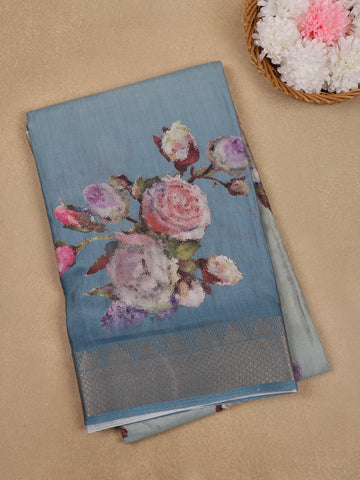 Slate Blue Floral Designed Cotton Saree - Diadem