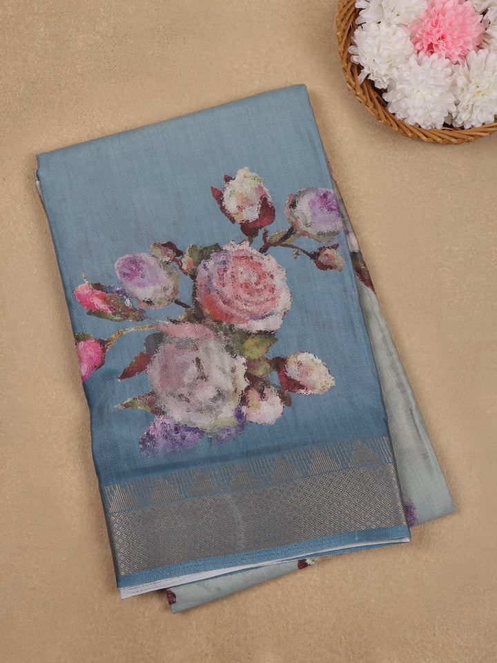 Slate Blue Floral Designed Cotton Saree - Diadem