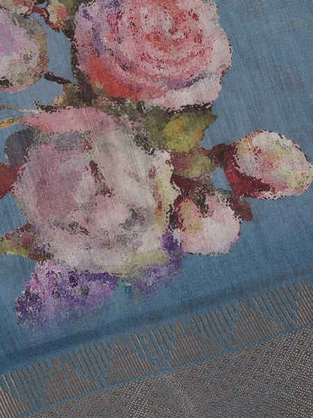 Slate Blue Floral Designed Cotton Saree - Diadem