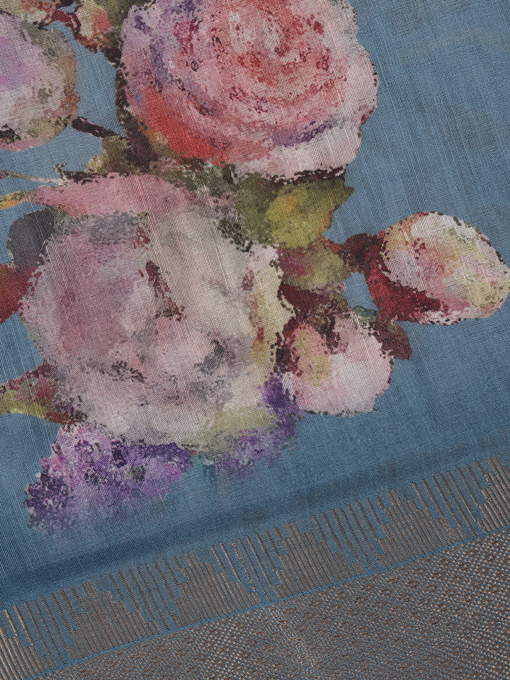 Slate Blue Floral Designed Cotton Saree - Diadem