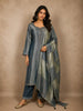 Slate Blue Zari Woven Design Tissue Straight Cut Salwar Suit with Dupatta