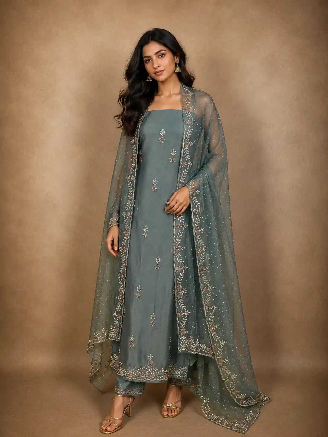 Slate Green Stone Embellished Design Tissue Silk Unstitched Salwar Material with Dupatta
