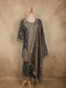 Smoky Charcoal Teal Grey Floral Zari and Mirror Embroidered Design Tissue Organza Palazzo Suit with Dupatta