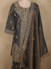 Smoky Charcoal Teal Grey Floral Zari and Mirror Embroidered Design Tissue Organza Palazzo Suit with Dupatta