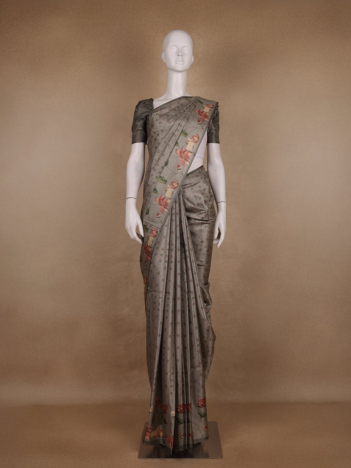 Smoky Grey Floral Design Tussar Silk Saree - Diadem