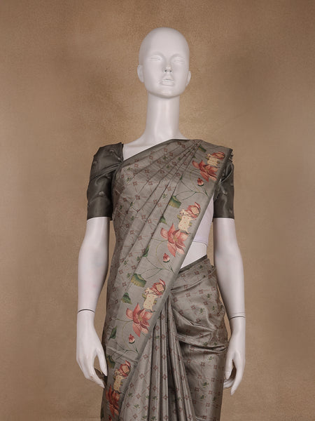 Smoky Grey Floral Design Tussar Silk Saree - Diadem