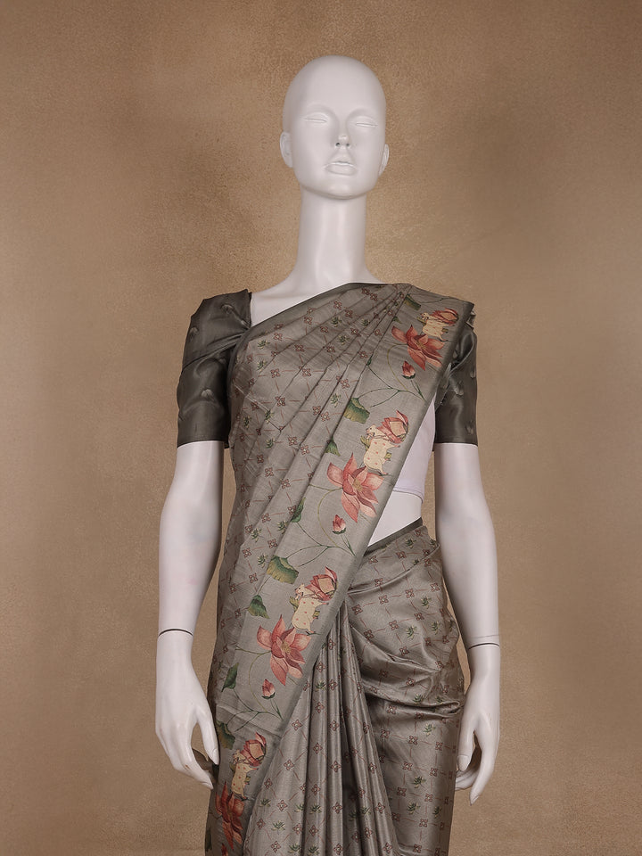 Smoky Grey Floral Design Tussar Silk Saree - Diadem