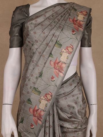 Smoky Grey Floral Design Tussar Silk Saree - Diadem