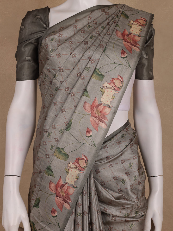 Smoky Grey Floral Design Tussar Silk Saree - Diadem