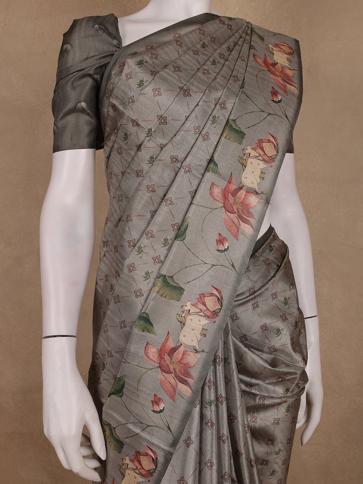 Smoky Grey Floral Design Tussar Silk Saree - Diadem