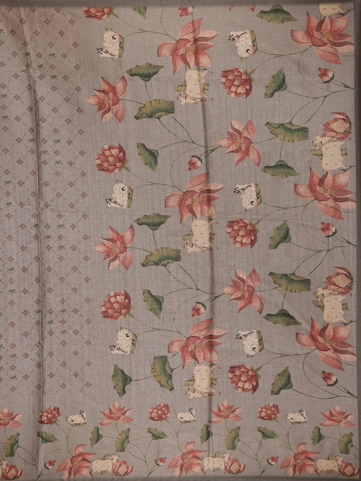 Smoky Grey Floral Design Tussar Silk Saree - Diadem