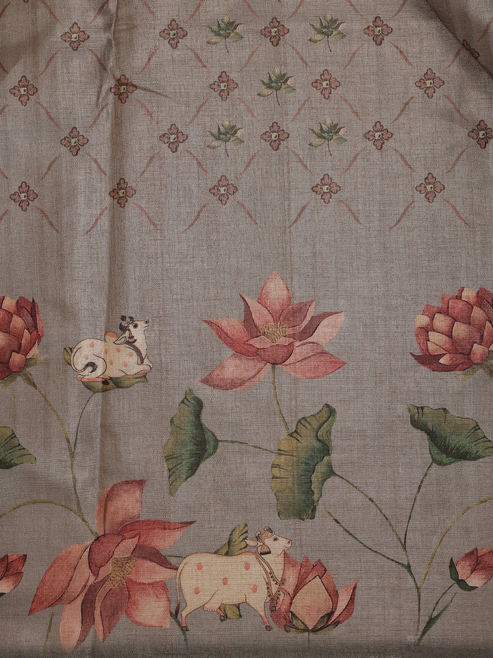 Smoky Grey Floral Design Tussar Silk Saree - Diadem