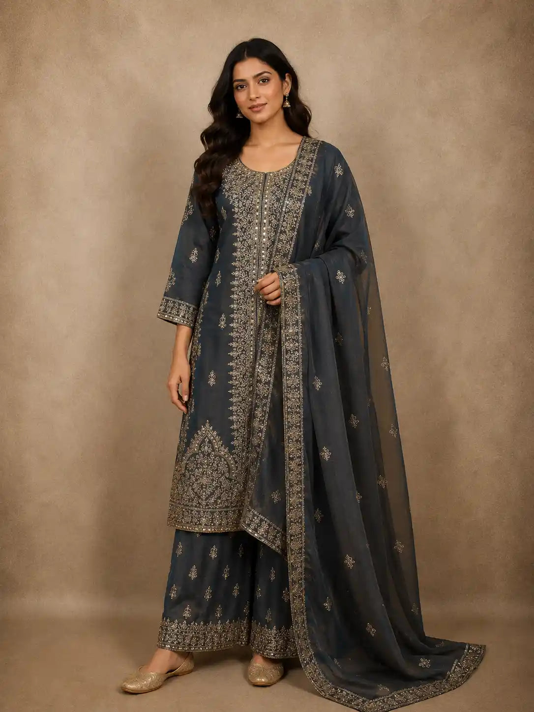 Smoky Charcoal Teal Grey Floral Zari and Mirror Embroidered Design Tissue Organza Palazzo Suit with Dupatta