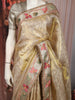 Soft Antique Ivory Beige Floral Zari Embroidered Design Pure Tissue Banarasi Silk Festive Saree with Floral Border