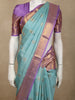 Soft Aqua Blue Stripes and Elephant Butta Zari Woven Design Pure Kanchipuram Silk Saree with Contrast Border