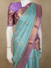 Soft Aqua Blue Stripes and Elephant Butta Zari Woven Design Pure Kanchipuram Silk Saree with Contrast Border