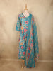 Soft Aqua Teal Blue Floral Printed Design Cotton Anarkali Salwar Suit with Dupatta