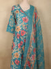 Soft Aqua Teal Blue Floral Printed Design Cotton Anarkali Salwar Suit with Dupatta