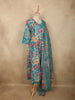 Soft Aqua Teal Blue Floral Printed Design Cotton Anarkali Salwar Suit with Dupatta