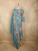 Soft Aqua Teal Blue Floral Printed Design Cotton Anarkali Salwar Suit with Dupatta