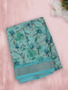 Soft Aqua Teal Blue Floral Printed Design Linen Cotton Saree