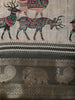 Soft Ash Grey Deer Motif Printed Design Mixed Cotton Saree with Animal Motif Zari Border