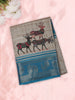Soft Ash Grey Deer Motif Printed Design Semi Silk Saree with Teal Blue Animal Motif Border