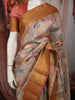 Soft Beige Cream Floral Printed Design Pure Tussar Silk Fancy Saree with Thread Work Border