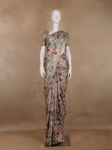 Soft Beige Floral Design Tussar Silk Saree - Diadem