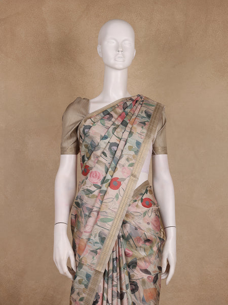 Soft Beige Floral Design Tussar Silk Saree - Diadem