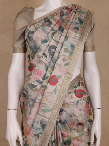Soft Beige Floral Design Tussar Silk Saree - Diadem