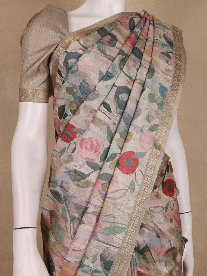 Soft Beige Floral Design Tussar Silk Saree - Diadem
