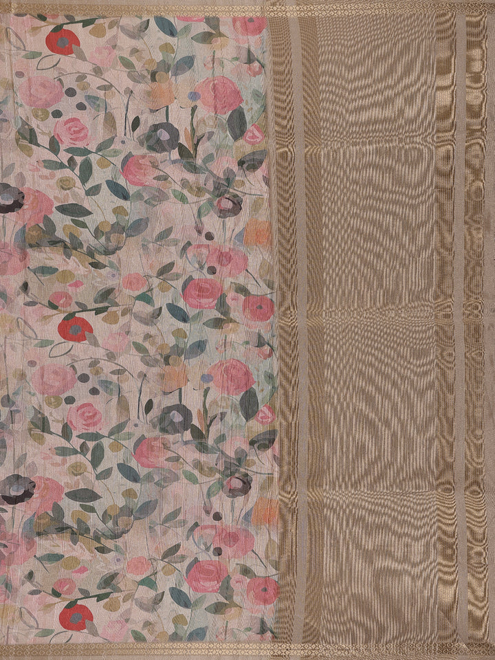 Soft Beige Floral Design Tussar Silk Saree - Diadem
