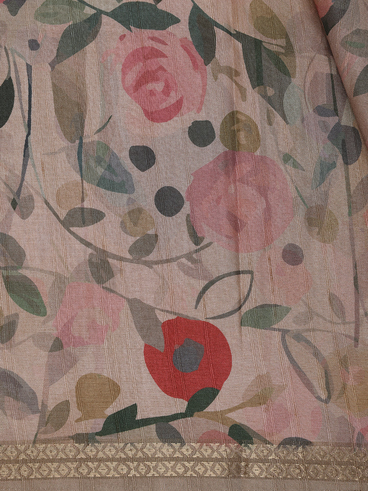 Soft Beige Floral Design Tussar Silk Saree - Diadem