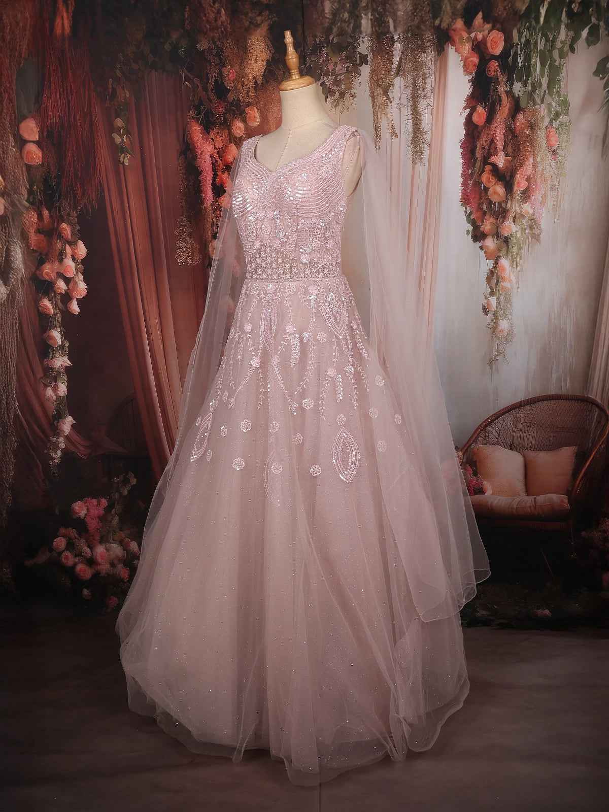 black plunge formal dress Soft Blush Pink Floral Sequins Embroidered Design Net Partywear Gown
