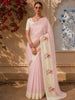 Soft Blush Pink Floral and Birds Motif Thread Embroidered Design Pure Organza Fancy Saree with Motif Border