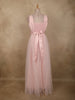 Soft Blush Pink Pleated Design with Bow Embellishment Net Party Wear Gown