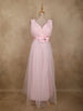 Soft Blush Pink Pleated Design with Bow Embellishment Net Party Wear Gown