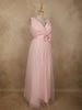 Soft Blush Pink Pleated Design with Bow Embellishment Net Party Wear Gown
