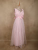 Soft Blush Pink Pleated Design with Bow Embellishment Net Party Wear Gown
