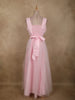 Soft Blush Pink Pleated Design with Bow Embellishment Net Party Wear Gown