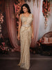 Soft Champagne Gold Heavy Sequins and Beads Embroidered Design Net Party Wear Ready To Wear Saree with Hip Belt